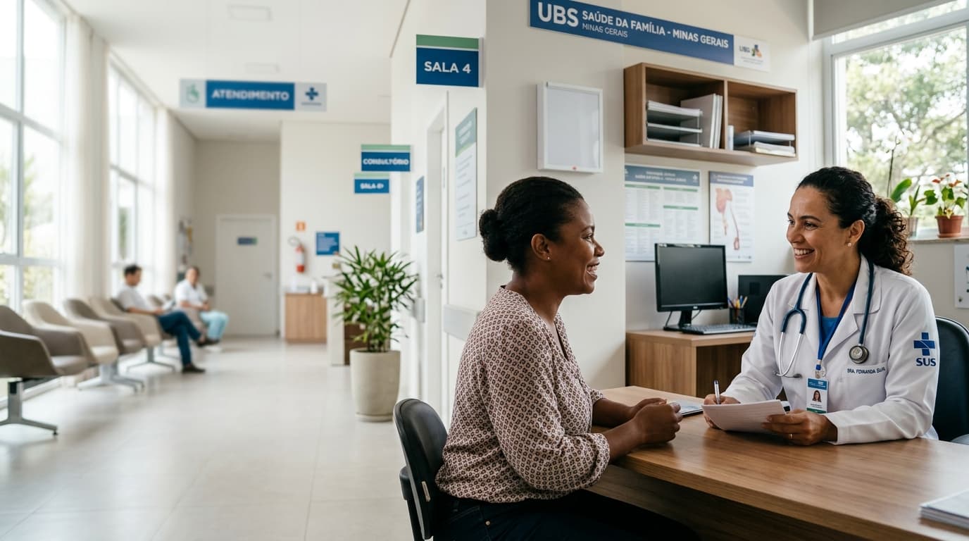Profissional de saúde atendendo paciente com carinho e atenção na UBS
